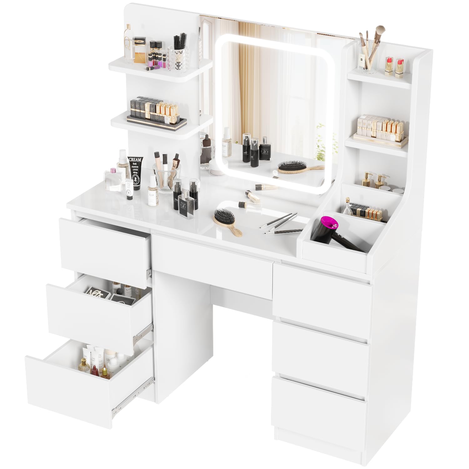 ANWBROAD Coiffeuse Avec Miroir LED 8 Ampoules - Table Maquillage 7 Tiroirs Blanc Coiffeuse 7 Tiroirs